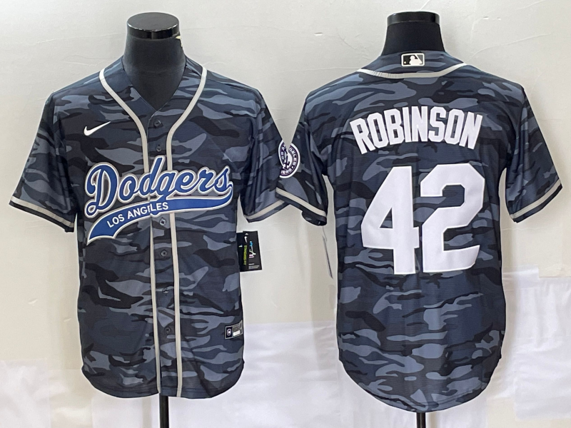 Men's Los Angeles Dodgers #42 Jackie Robinson Gray Camo Cool Base With Patch Stitched Baseball Jersey